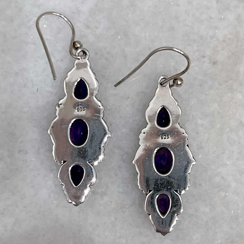 Amethyst Sterling Silver Trilogy Dangle Earrings - Picture 7 of 9